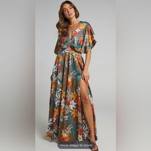 Showpo Vacay Ready Maxi Dress in Teal Floral Satin